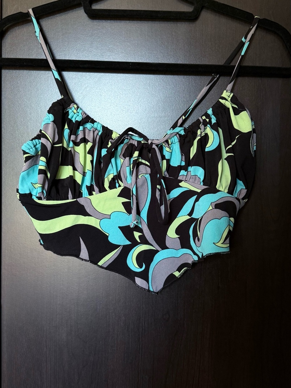 Urban Outfitters Black Crop Top with Teal and Lime Swirl Print